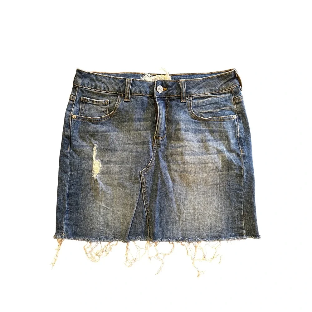 Altar'd State Distressed Denim Mini Skirt Sz‎ Small Raw Frayed Hem Boho Festival